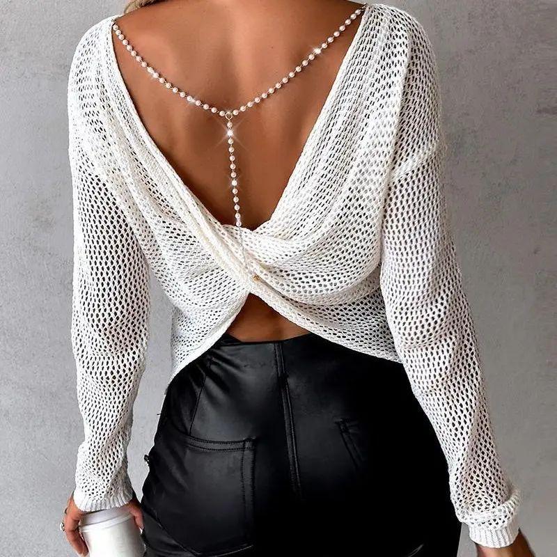 

Women Sexy Knitted Cover up Beach Vacation Kinked Pearl Chain Top Knit Knitted Top White XL