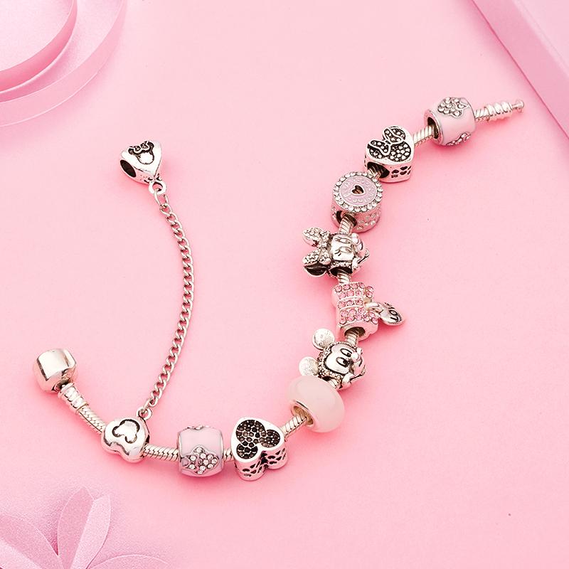 Potdemiel Pink Enamel Crystal Minnie Charm Bracelets Silver Color Heart Cartoon Bead Jewelry for Women Girl Gift
