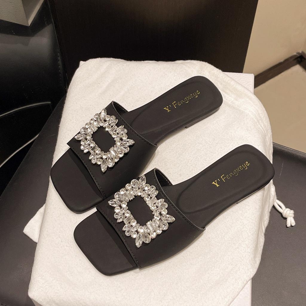 French Rhinestone Slippers Women's Summer Wear 2025 New Lightweight Sandals Women's Flat-bottomed Fairy Wind One-word Slippers