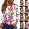Women's Fashionable Casual Three Quarter Sleeve Christmas Printed Round Neck Top