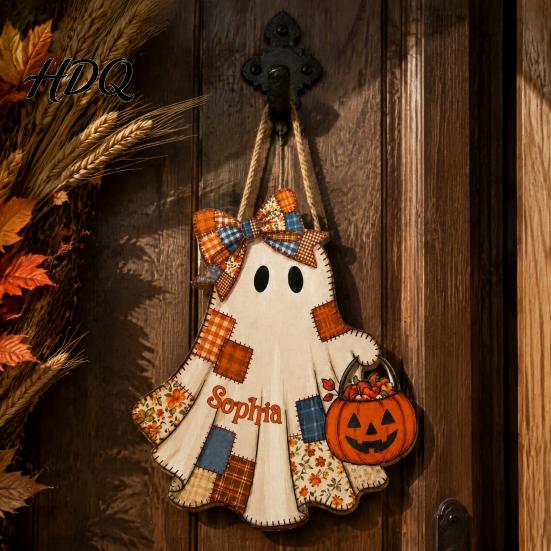 Unique Halloween Souvenir Gifts Wooden Patchwork Ghost Pendant Vintage Autumn Harvest Hanging Sign Cute Door Sign Pendant with Rope for Home