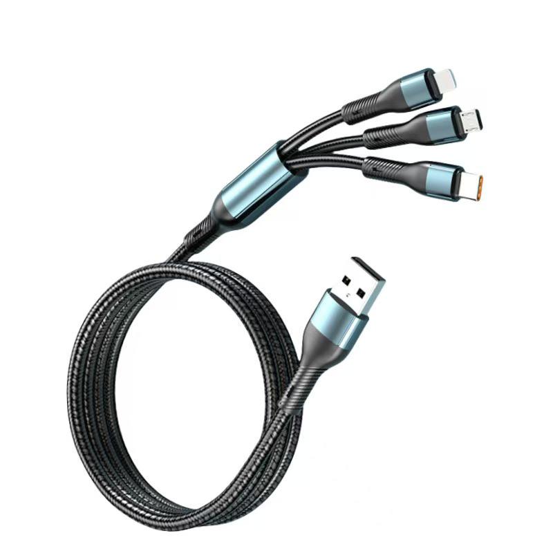 Ultra-Fast 3-in-1 Charging Cable for Apple, Type-C, and Car Use with One-to-Three Braided Design