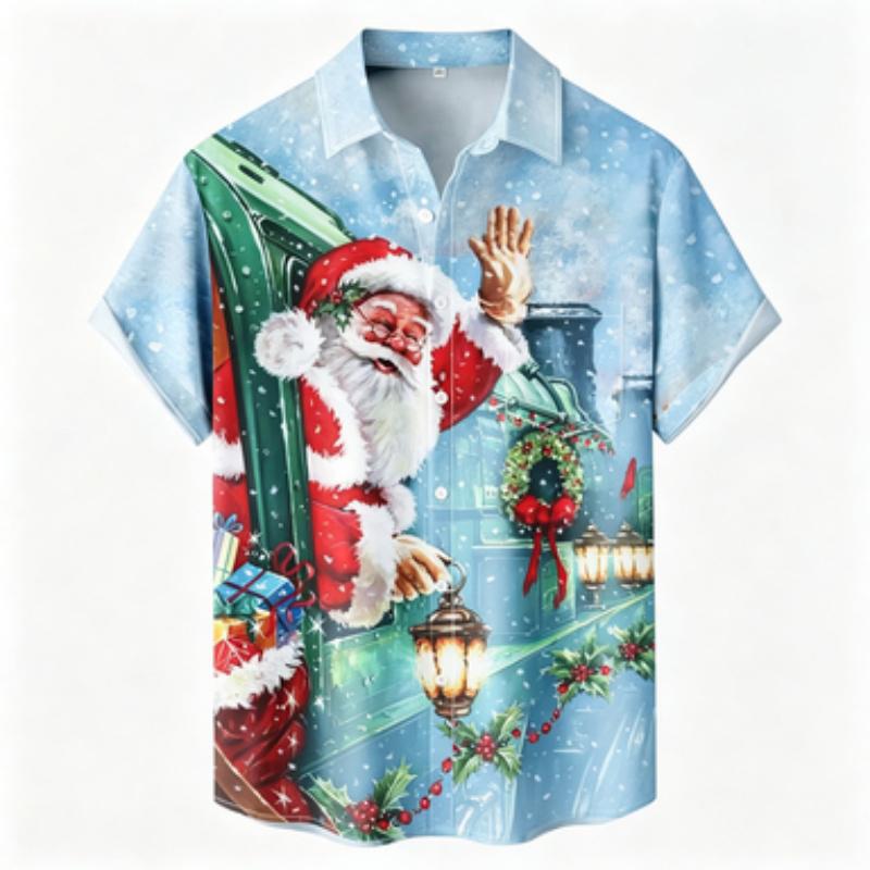 Men's Short Sleeved Shirt Christmas Train Santa Claus Printed Short Sleeved Shirt Business Casual Men's Holiday Painted Printed