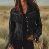 Womens Suede Short Cropped Jacket With Fringe Trim Turn-Down Collar Waist Belt Slim Fit Winter