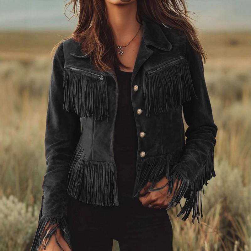 Womens Suede Short Cropped Jacket With Fringe Trim Turn-Down Collar Waist Belt Slim Fit Winter