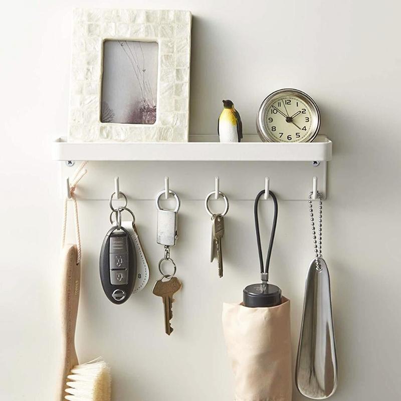Wall-Mounted for Key Mail Holder Rack Shelf with 6 Hooks Tray