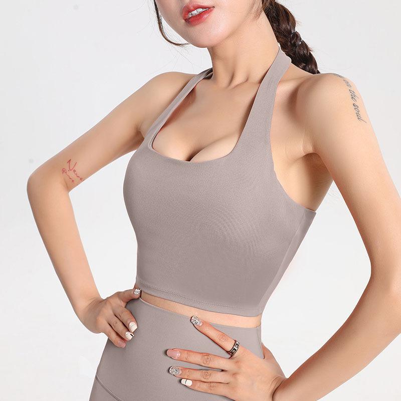 Neck-hanging Large-breasted Beautiful Back Sports Underwear Women's Running Quick-drying Shockproof Gathering Fitness Bra, Wearing Yoga Vest