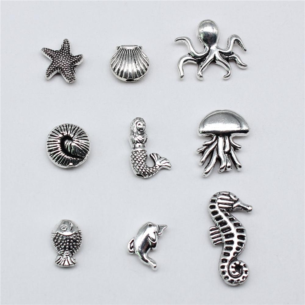20pcs Sea Animal Marine Life Starfish Shell Dolphin Jellyfish Octopus Hippocampus Small Hole Beads For Jewelry Making