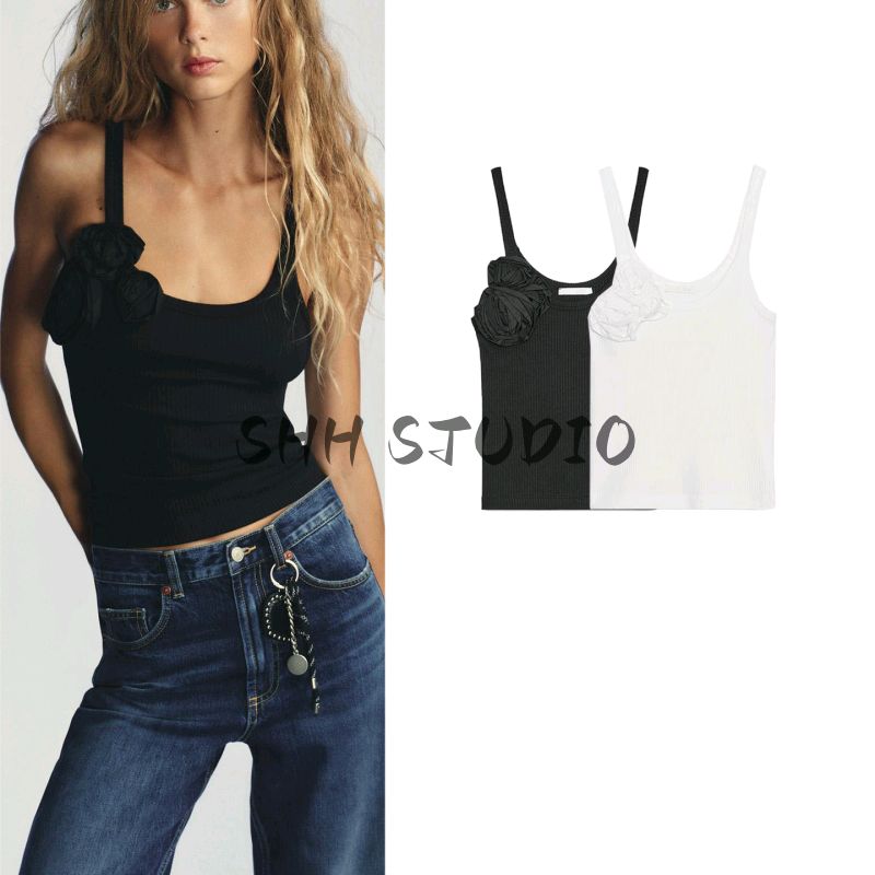 Autumn New Women's Clothing Minimalist Style Three-Dimensional Flower Rib round-Neck Sling Tops 5644859