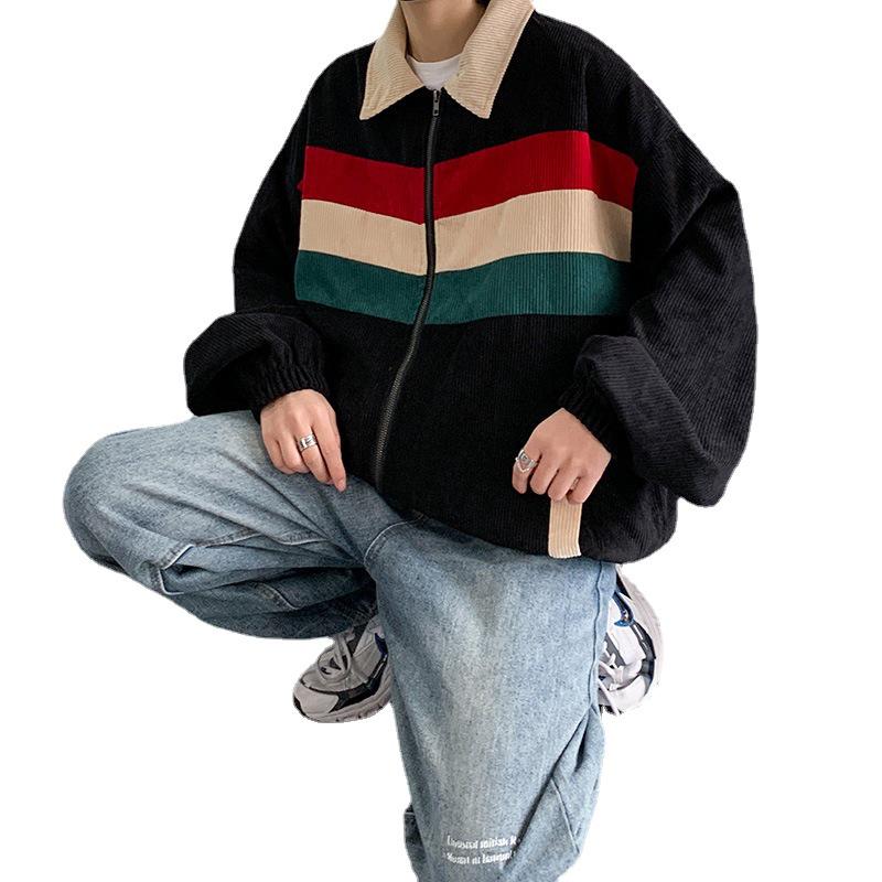 Men's Versatile Korean Contrast Color Corduroy Jacket - Spring/Autumn, Loose Fit Casual Top
