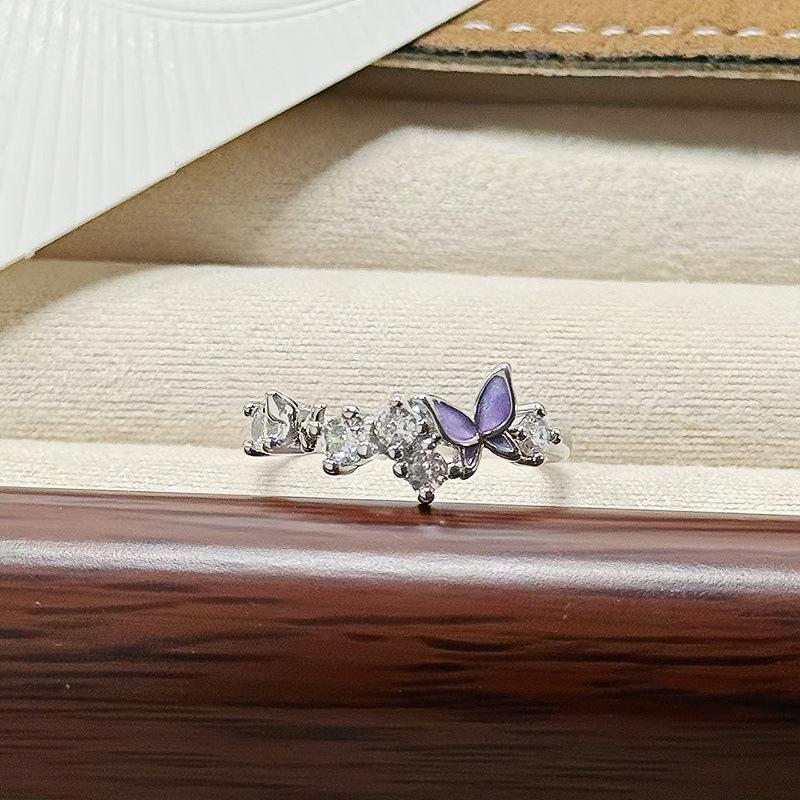 Butterfly Flower Enamel Super Flash Fashion Zir*****Pen Ring Women'S Exquisite Light Luxury Niche High-End Feeling Stacked Ring