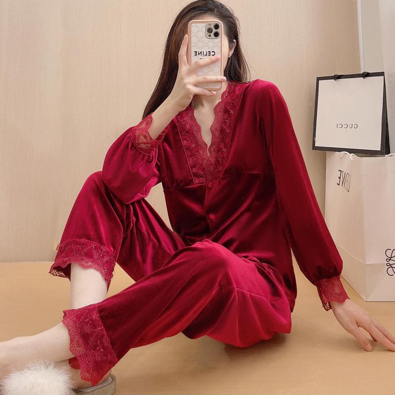 

Женский сексуальный пижамный комплект из 2 предметов: рубашка и брюки, бархатный кружевной брючный костюм с V-образным вырезом, свободная домашняя одежда, одежда для отдыха, пижама с длинными рукавами M