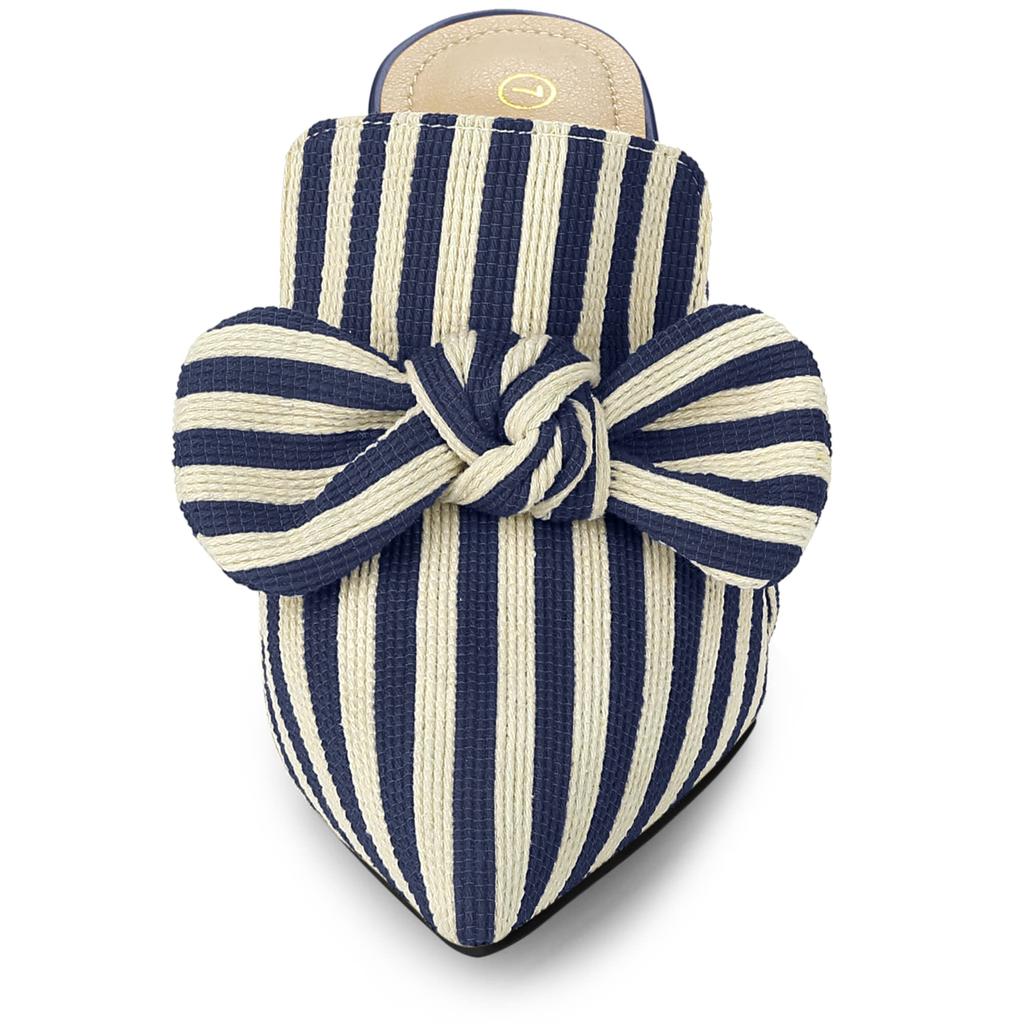 Allegra K Women's Striped Bow Slip Slide Mules with Stiletto Heels, Dark Blue, Size 25.0cm