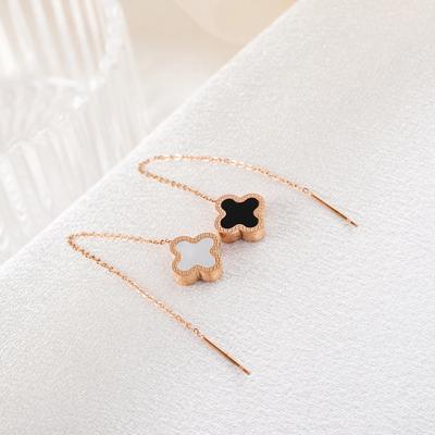 Four-Leaf Clover Tassel Ear Wire Rose Gold Titanium Steel Earrings Temperament Long Earrings Titanium Steel Simple Ear Rope Ear Chain