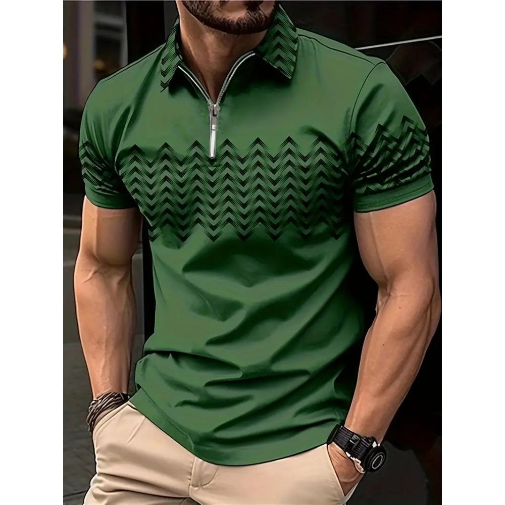 Men's Zipper Polo Shirt, Wave Triangle Shirt, 3D Printed, Retro, Short Sleeve, Loose, Comfortable, Street, Summer, New Style