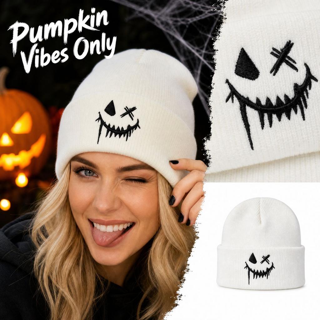 Halloween Embroidered Pumpkin Knit - Funny Novelty Winter Hat for Men and Women