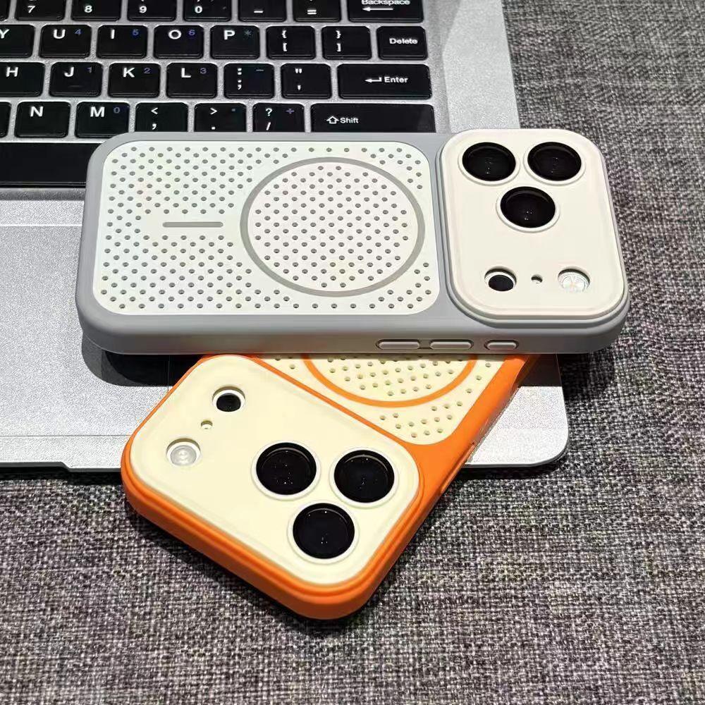 Applicable to iPhone17PROMAX mobile phone case honeycomb two-color breathable heat dissipation magnetic suction mesh case Apple 16/15 hard