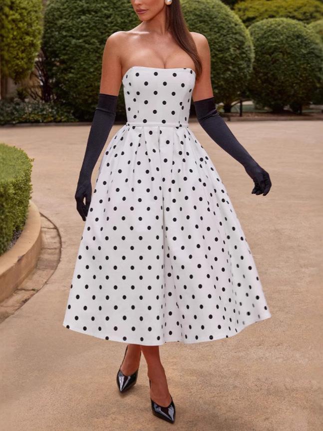 European and American women's polka dot strapless dress, French Hepburn-style waist-cinching fashion