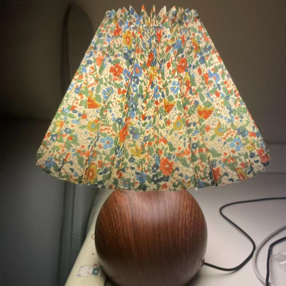 LED Bedside Table Lamp Cute Small Pleated Lamps for Nightstand Circular Walnut Ambient Light USB Bedroom Decoration Night Light