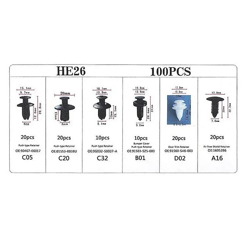 100PCS HE26 Car Rivet Fixing Hook Set For Fender Clamps Plug Suspension Rivet Threshold Repair Clamp On Finish Panels