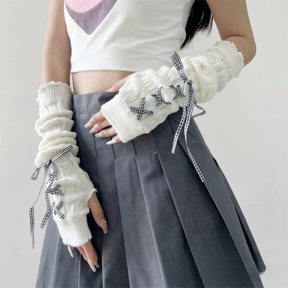 New Long Arm Warmer Gloves Knitted Cold Proof Warm Arm Sleeve with Ribbon Fingerless Gloves Women