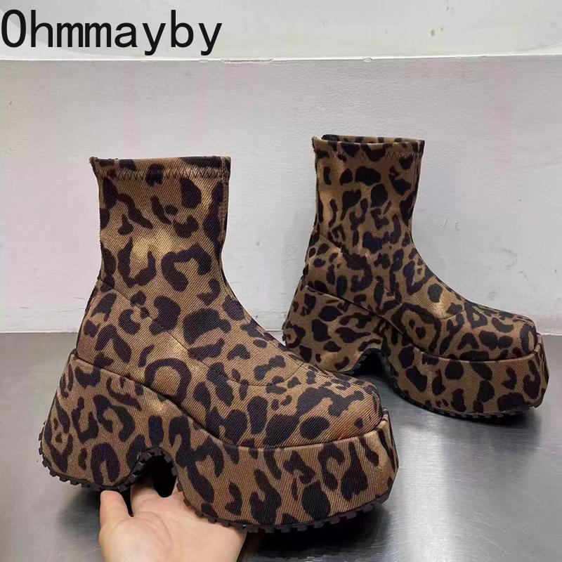 Punk Style Platform Heel Women Ankle Boots Fashion Elegant Leopard Print Shoes Autumn Winter Laides Concise Short Booties
