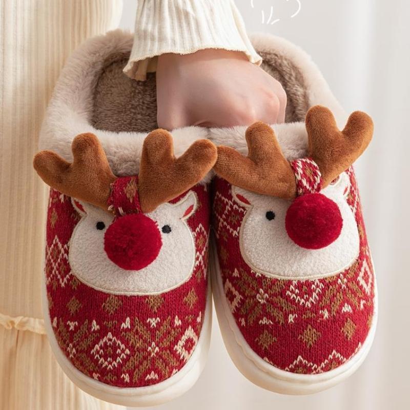 Fashion Cute Cartoon Christmas Deer Cotton Slippers For Women Men Home Floor Shoes Soft Plush Anti-slip Couples House Bedroom Slipper