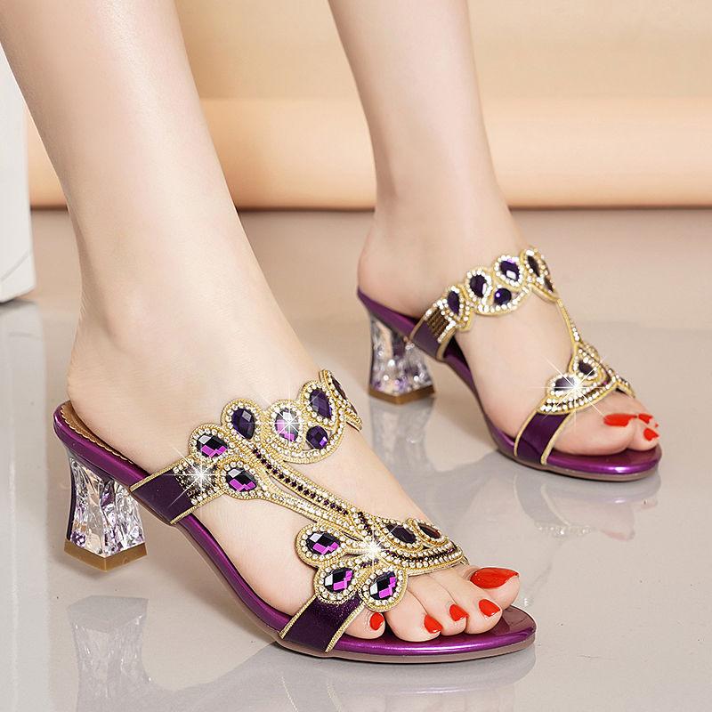 Fashion 2025 New Fashion Sandals Women's Diamond Sandals High Heel Slippers Non Slip Banquet Shoes Diamond Beach Shoes Women