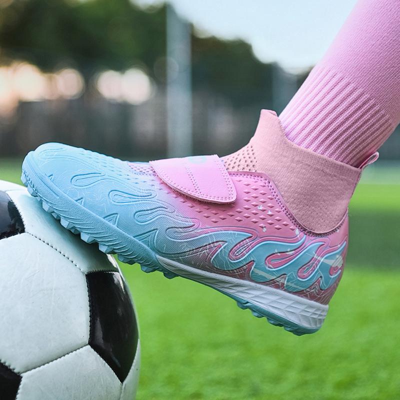 High Quality Turf Soccer Shoes Boys Girls High Top HOOK&LOOP Kids Futsal Sneakers Fashion Green TF Football Boots For Children