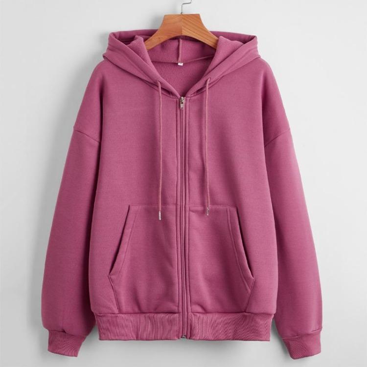 Casual Women's Loose Solid Color Fleece Zipper Jacket Long Sleeve Sweatshirt Top