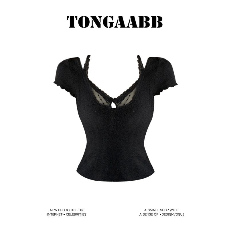 Tongaabb Sexy Sexy Lace Patchwork Short-Sleeved T-shirt Women s Summer New Arrival Silm Slimming False Two-Piece Tops Black S