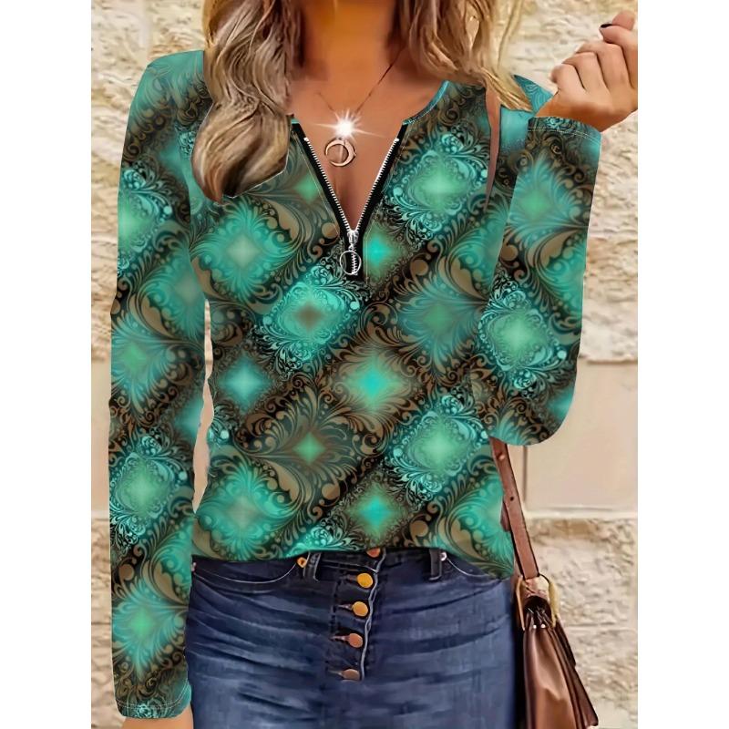 European and American Style Retro Totem Printed Zippered V-neck Long-sleeved T-shirt, Slim and Versatile Top, Niche Design for Women