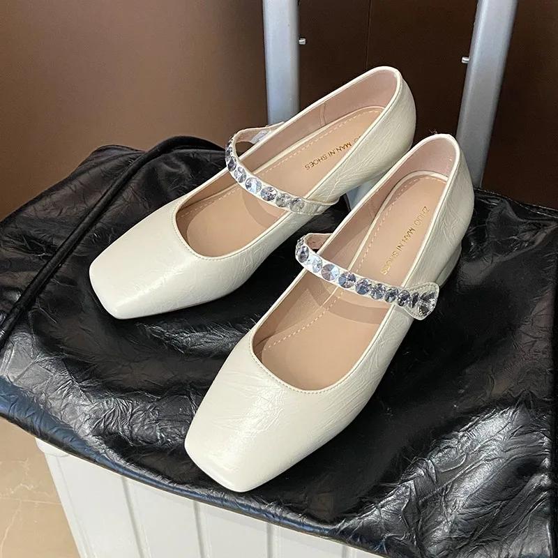 French Silver Rhinestone Mid-heel High-heeled Shoes Women 2025 New One-line Buckle Heel Pumps Luxury Sandals