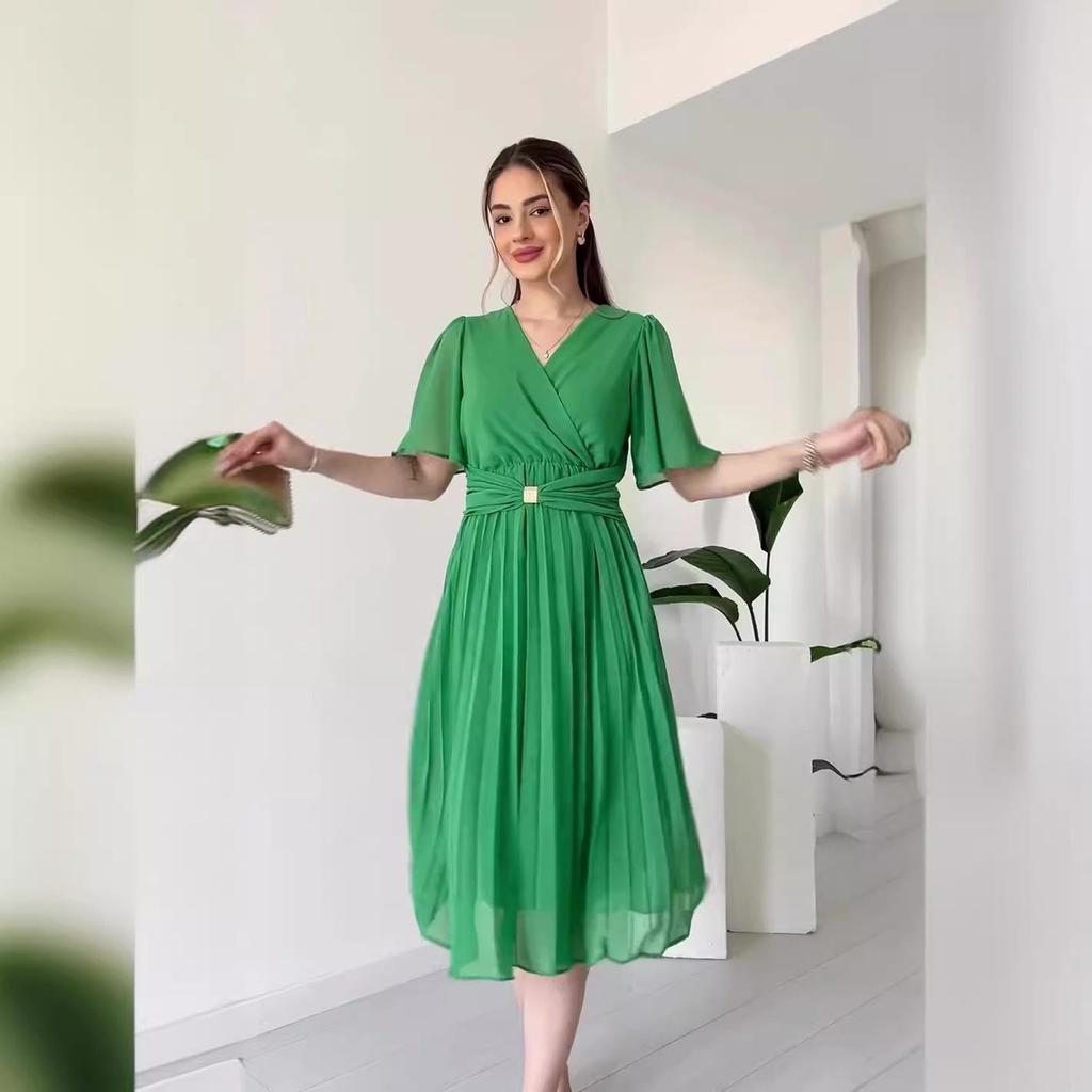 2024 Sommer Damen Einfarbiges V-Ausschnitt Taillenband Schlankmachendes Kleid