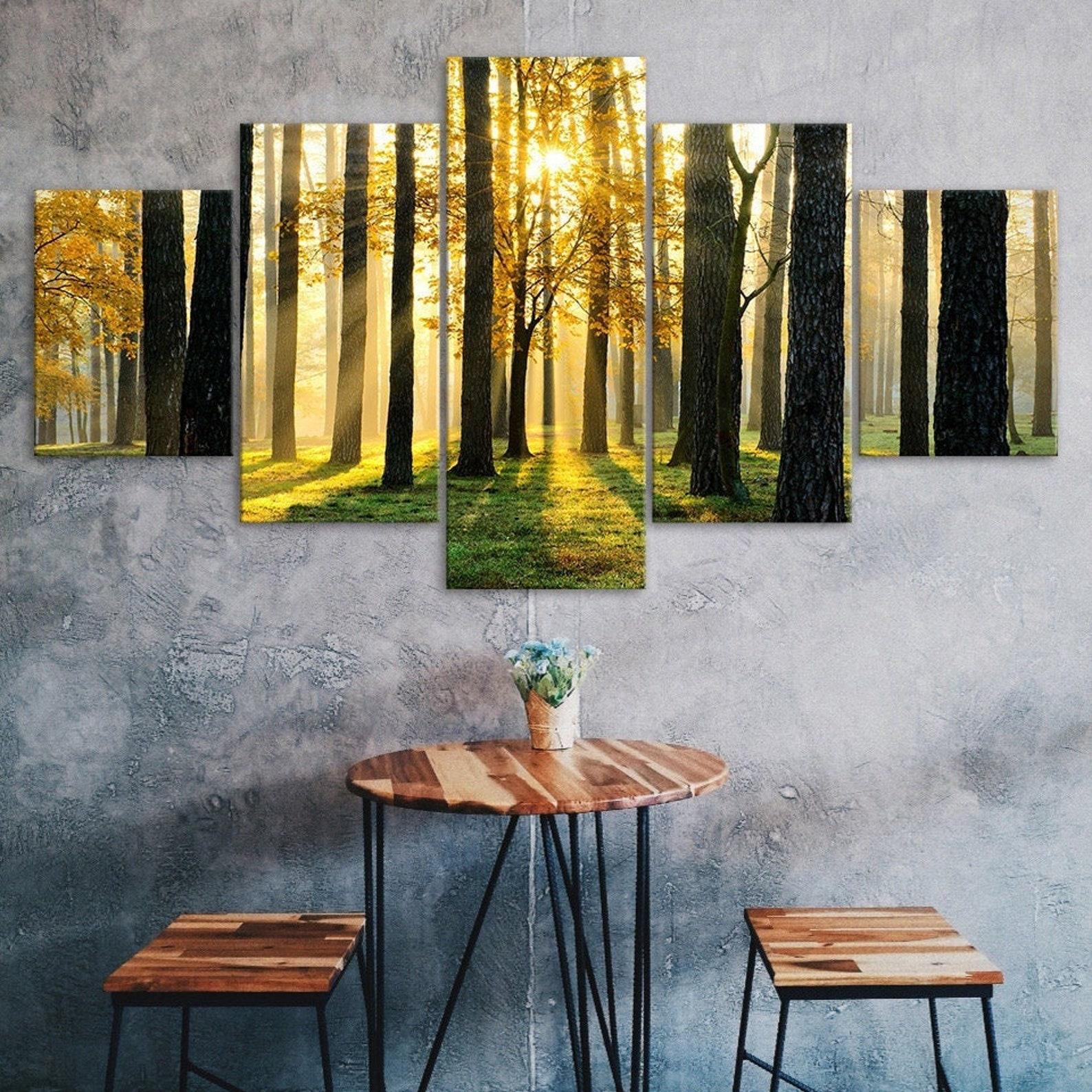 

Forest Trees Shining Sun Scene 5 Piece Canvas Wall Art Multi Panel Print Modern Nature Poster Home Decor Picture Gift For Him For Her 20X35 20X45 20X55CM