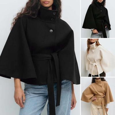 Damen Fledermausärmel Wollponcho Mantel Stehkragen Kurze Cape Jacke mit Gürtel Herbst Winter Kurzer Trenchcoat Erbsenmantel