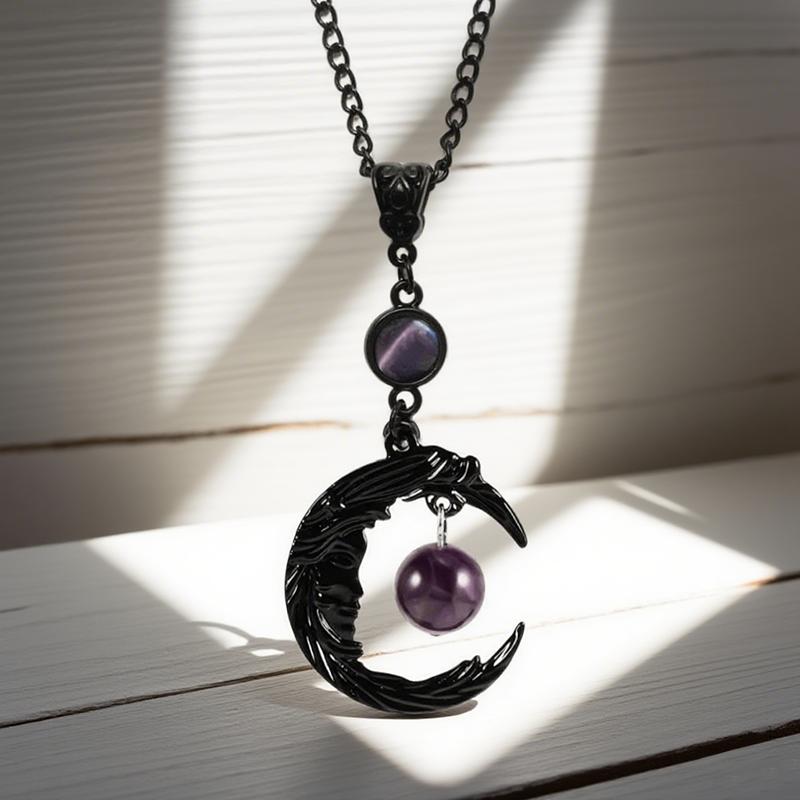Gothic Creative Face Black Crescent Moon Purple Zircon Pendant Necklace For Women Hallowmas Charm Jewelry Gifts