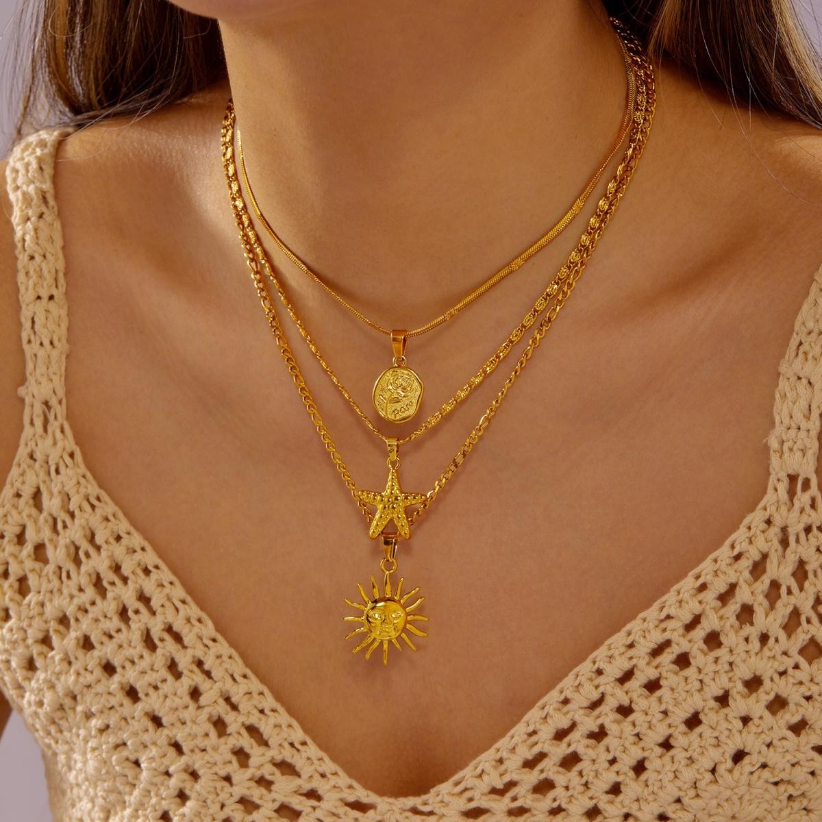 

Multilayer Stainless Steel Flower Starfish Sun Pendant Necklace For Women Men Boho Ocean Beach Sea Star Choker Summer Jewelry