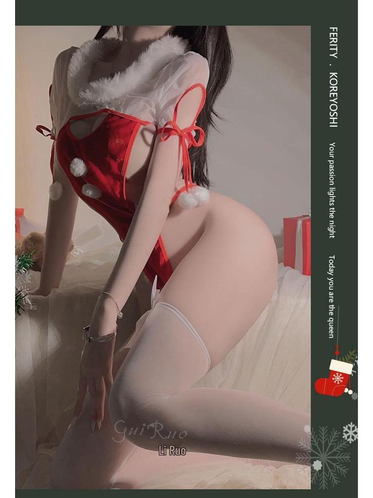 Alluring Velvet Mesh Open Crotch Christmas Lingerie Bodysuit Set for Women