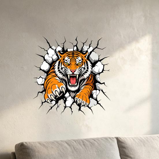 Removable Vinyl Wall Stickers 3D Tiger Stickers, Peel And Stick Roaring Decals, PVC Modern Decoration Ideas Art Mural Decor, Realistic Cracked Sticker