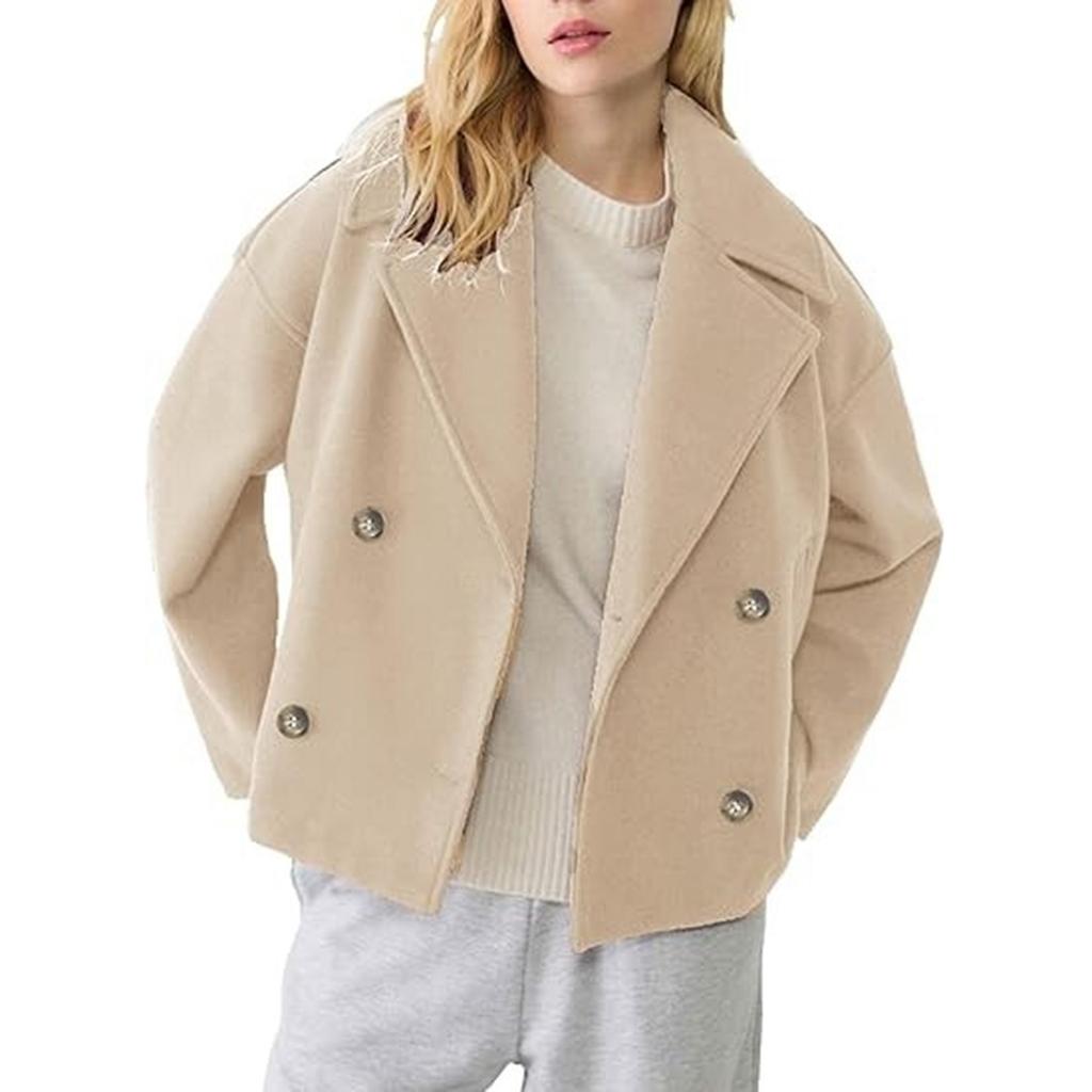 Women's Fashionable, Elegant, -color, Long-sleeved, Short Woolen Coat With A Turned-up Collar