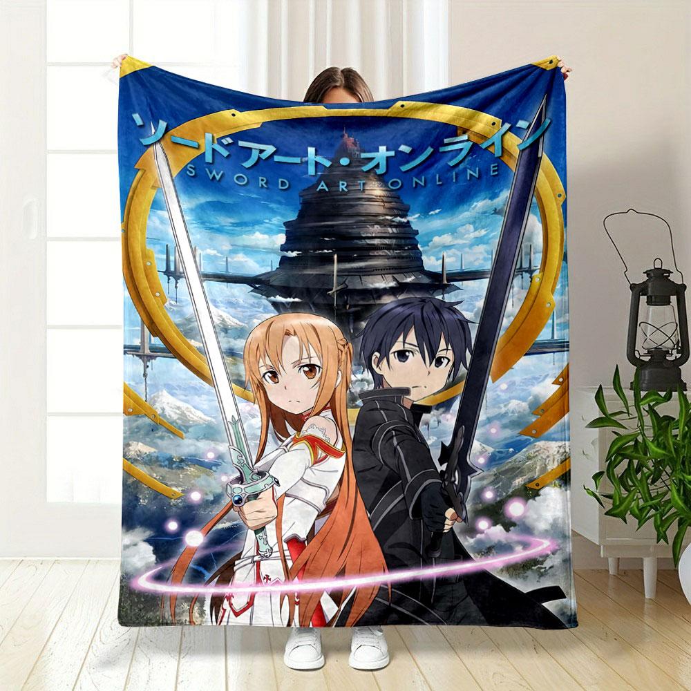Two Characters with Swords Stand In Front of a Floating Tower Landscape. for All Seasons Blanket Lunch Break Throw Gift