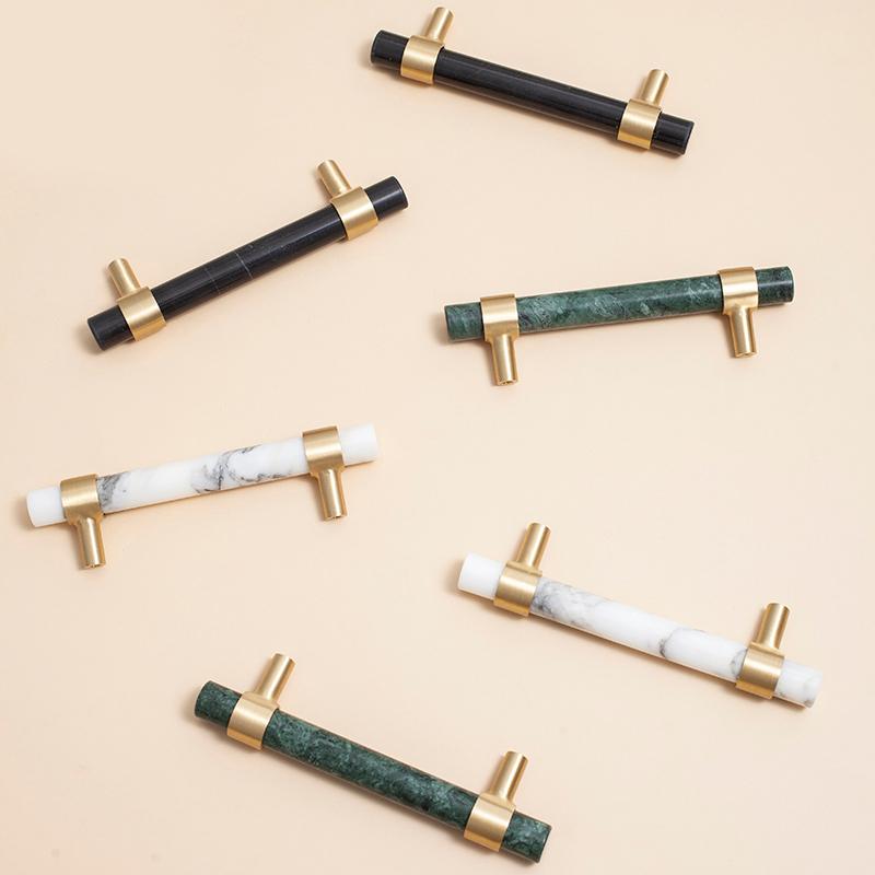 Nordic Style Marble + Brass T Bar Cabinet Handle Kitchen Cupboard Door Pulls Furniture Drawer Handle Dresser Knob Hardware