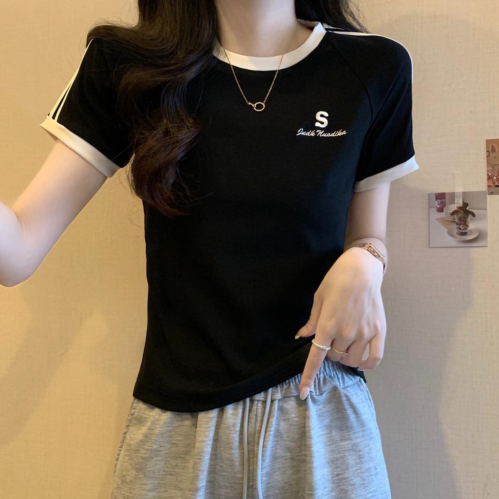 Front Shoulder Round Neck Short-sleeved T-shirt Women's Summer New Hot Girl Slim Short T-shirt Top