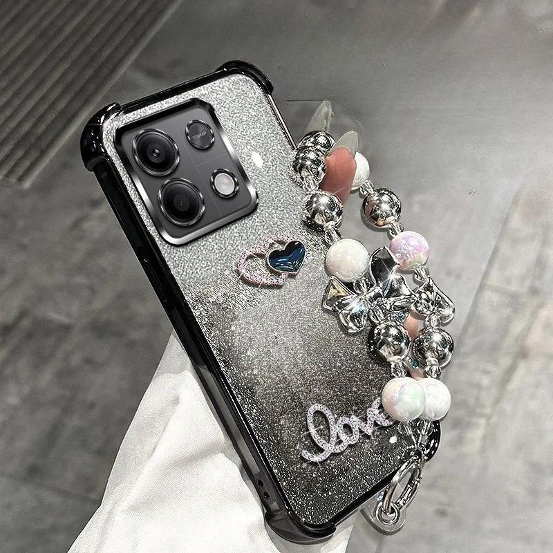 3D Love Shockproof Glitter Plating Bead Bracelet Case for Xiaomi POCO X6 X5 X3 NFC M3 F5 F4 F3 Pro Silicone Cover