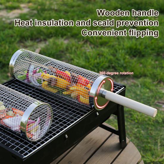 Stainless Steel BBQ Grill Basket with Wooden Handle Rolling Cage for Even Cooking Vegetables