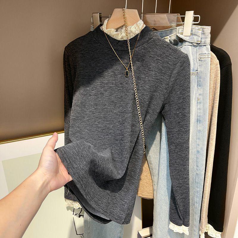 Chic Plus Size Long Sleeve Lace Splice T-shirt for Autumn/Winter XL
