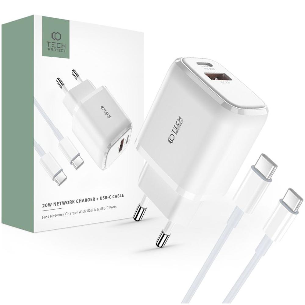 Tech-Protect C20W 2-Port Network Charger Pd20W/Qc3.0 + Type-C Cable White