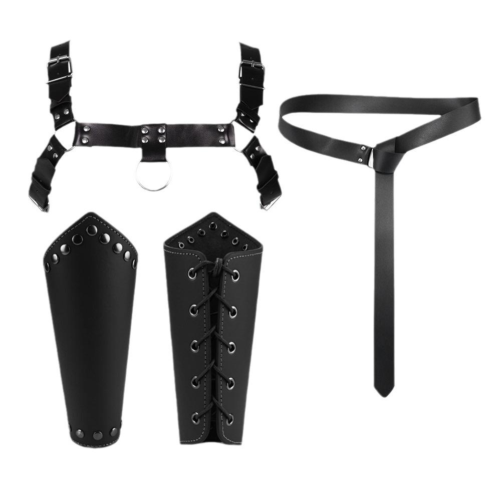 Men's Black PU Leather Medieval Suspenders Set Riveted Wristband Steampunk Belt Viking Warrior Style Role Playing Accessories