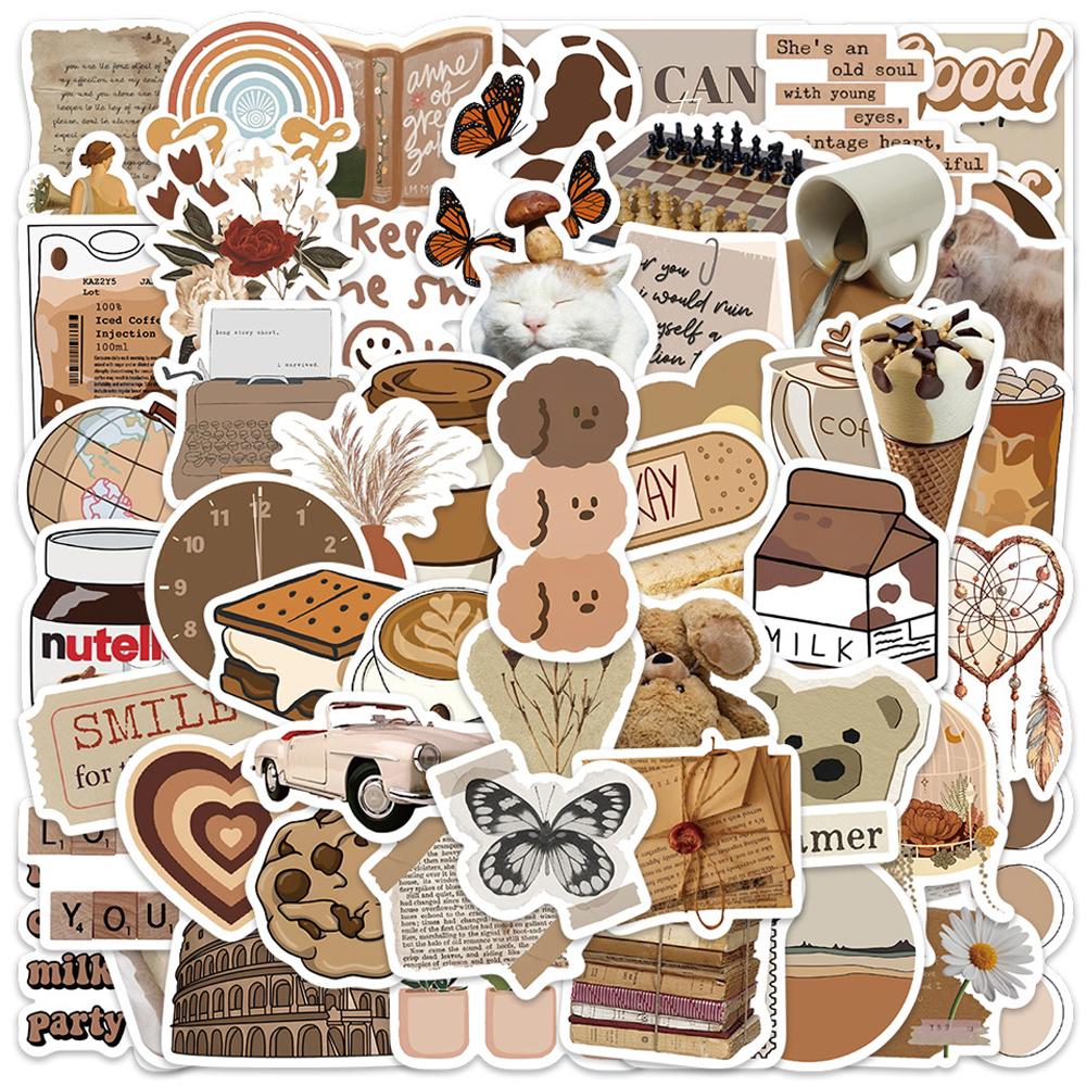10/30/50pcs Vintage Brown Aesthetic Graffiti Sticker DIY Laptop Stationery Suitcase Guitar Cute Cartoon Decoraction Sticker Pack